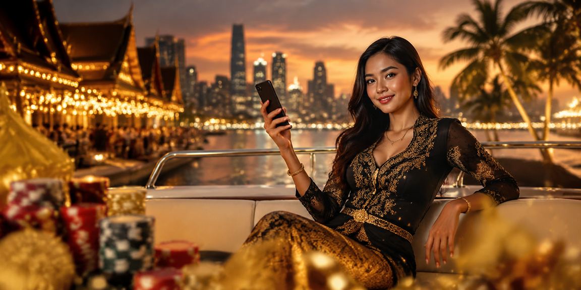 Model menampilkan pengalaman pengguna VIP yang menikmati platform betting di malam hari