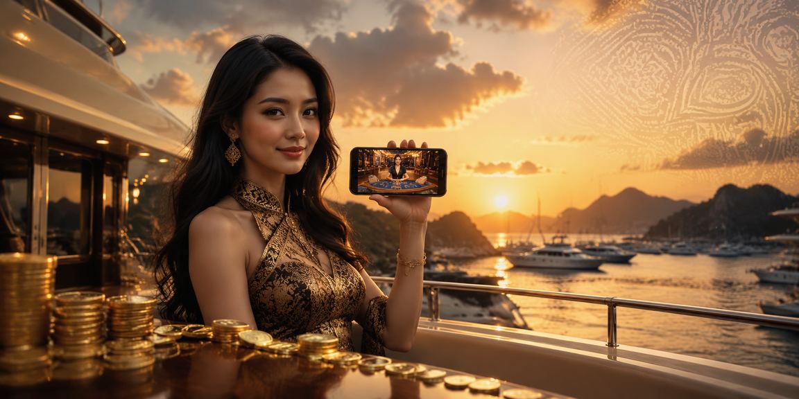 Model menampilkan tampilan casino mobile modern di ponsel dengan antarmuka yang bersih