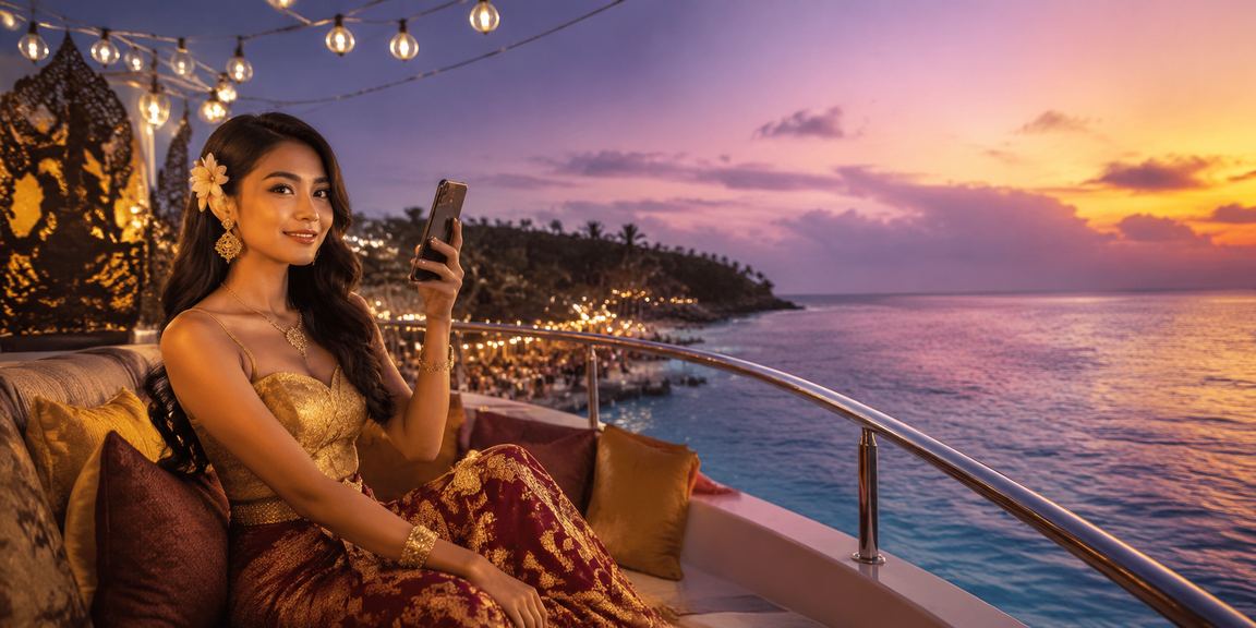 Pemain menikmati casino mobile di tepi pantai dengan tampilan permainan modern
