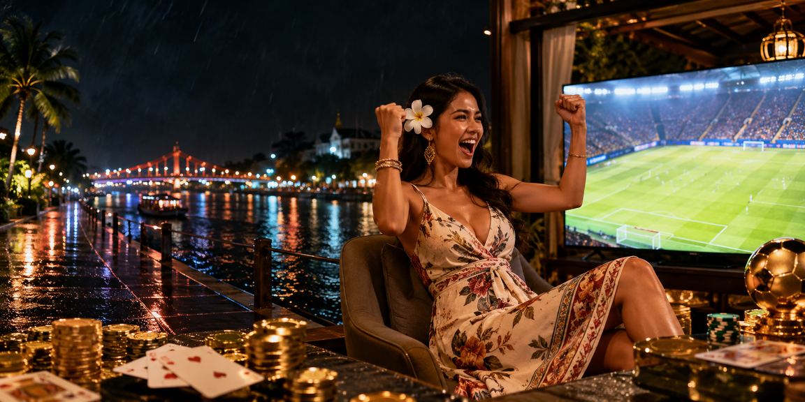Model menikmati permainan kartu dan lotre online di platform digital malam hari